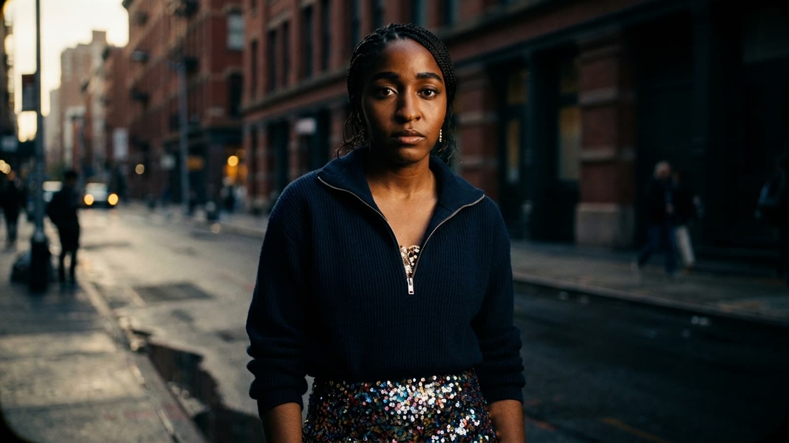 Ayo Edebiri paired a sequined skirt with a finance-bro quarter-zip. It might be the most honest styling trick of the year.