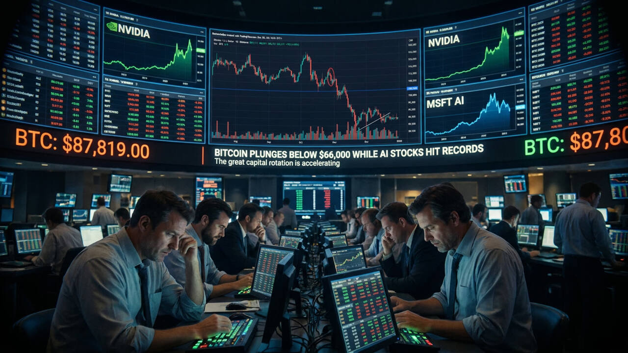 Bitcoin plunges below $66,000 while AI stocks hit records. The great capital rotation is accelerating.