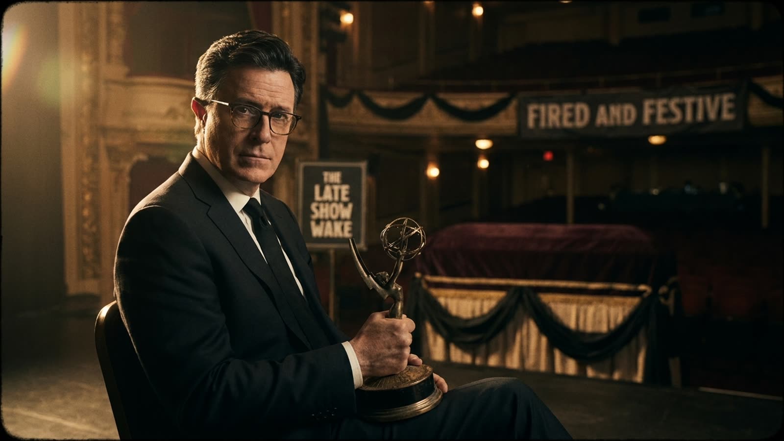 Stephen Colbert is throwing himself a funeral. The dress code is 'Fired and Festive.'