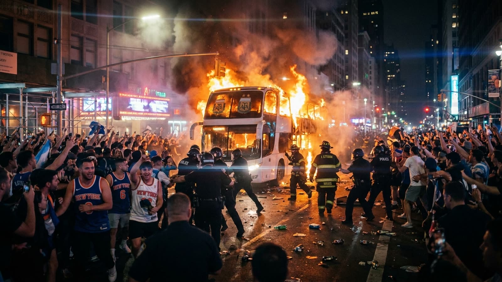 A World Cup bus burns in Manhattan. New York's championship delirium spills into the streets.